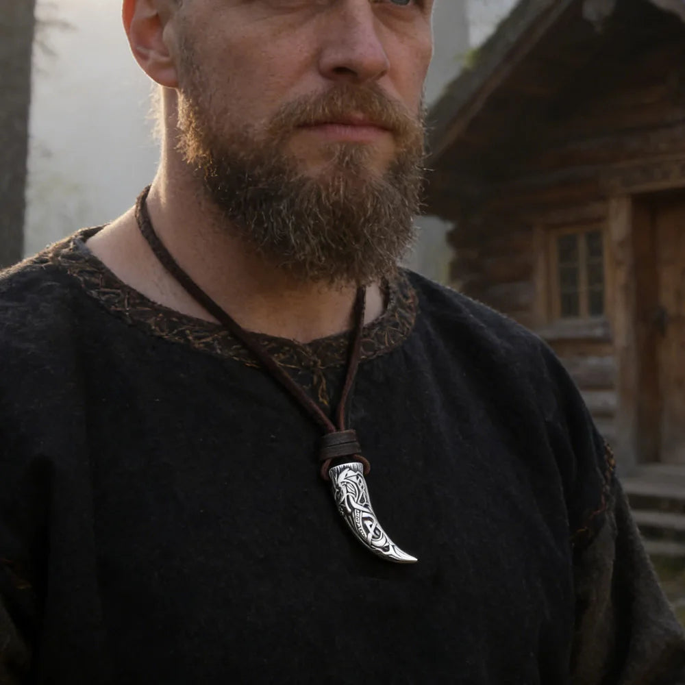 Viking Wolf Tooth Pendant Necklace - Stainless Steel Norse Rune & Celtic Knot, Men's Pagan Jewelry with wood box
