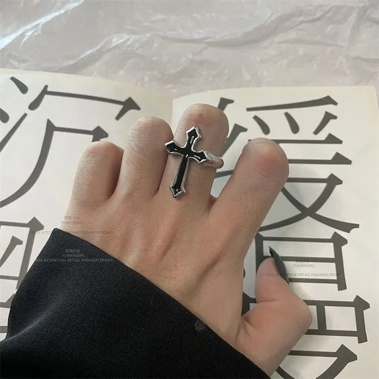 Gothic Vintage Big Cross Open Ring — Black-Tone