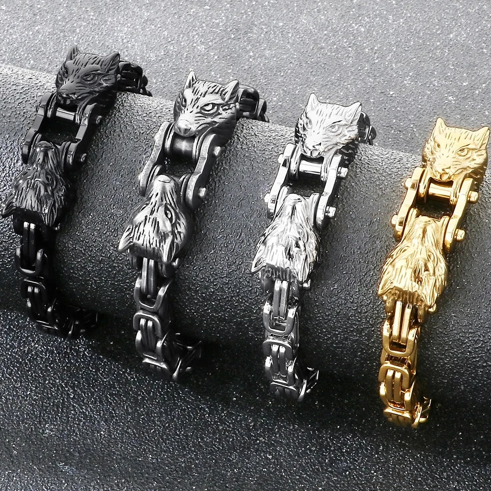 Double Wolf Head Link Chain Bracelet for Man 316L Stainless Steel Biker Charm Bracelets Vintage Punk Motorcycle Viking