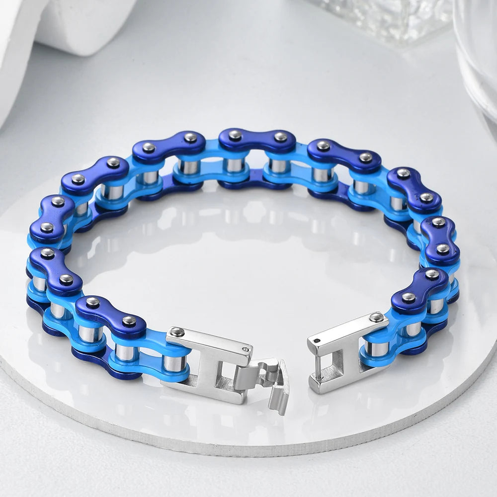 10MM Wide Men's Motorcycle Chain Bracelet Blue Stainless Steel Bicycle Link Design Man Bracelets for Men HipHop