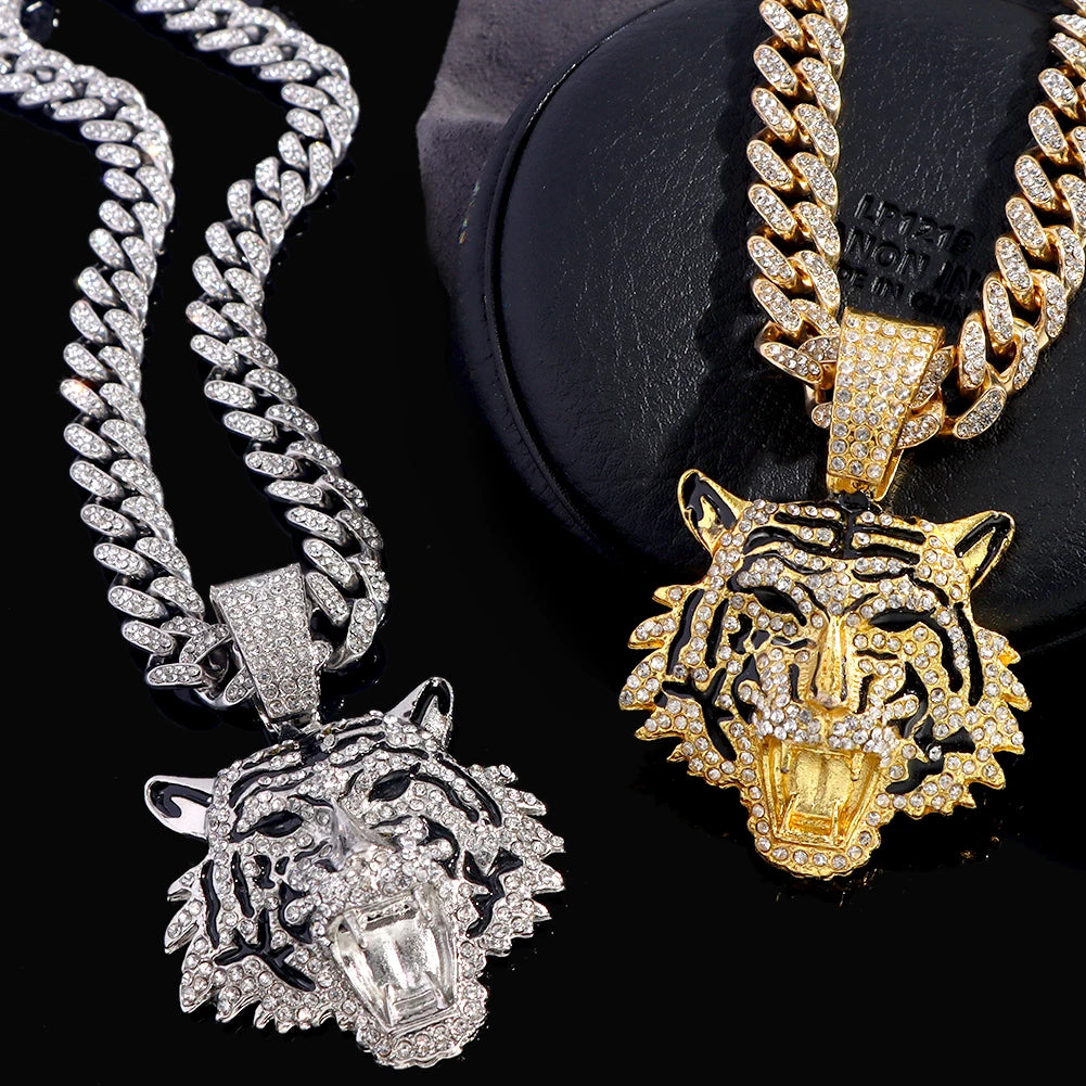 Iced Out Tiger Head Cuban Pendant — Gold
