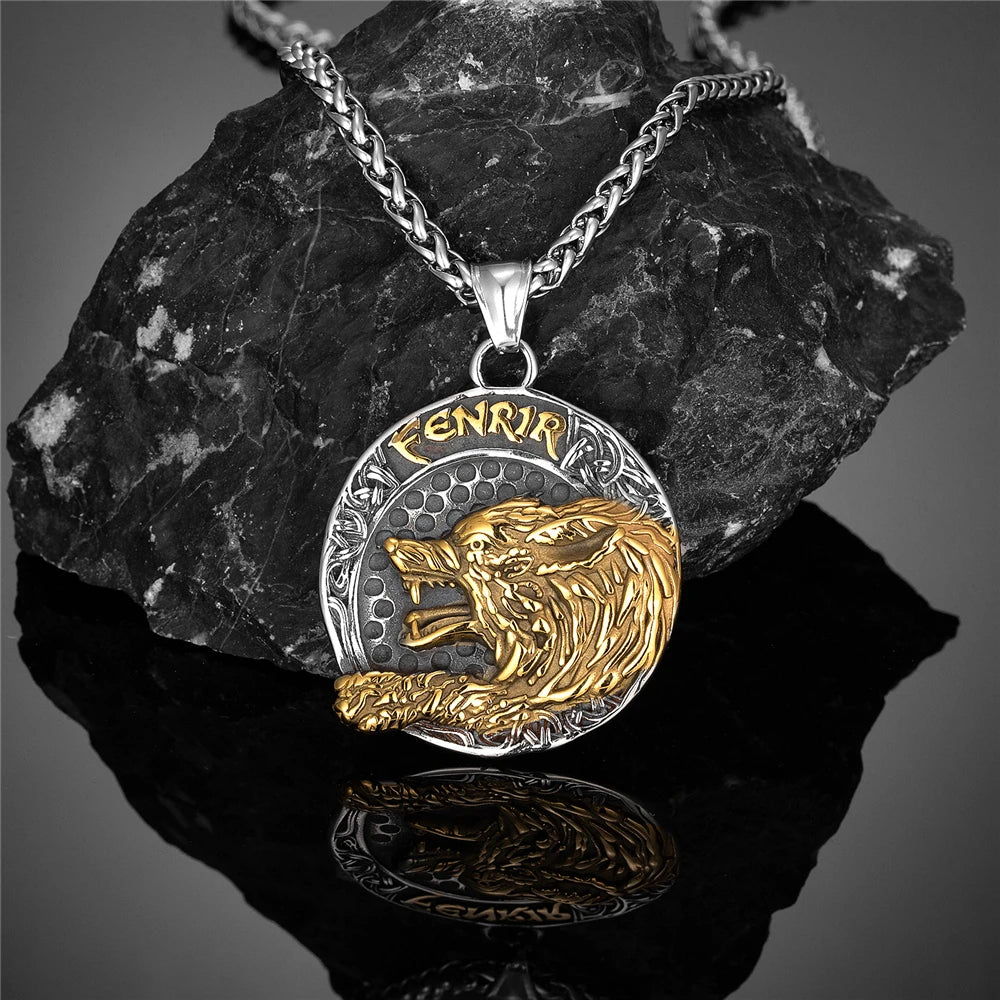 Fenrir Wolf Vegvisir Pendant Necklace — Stainless Steel