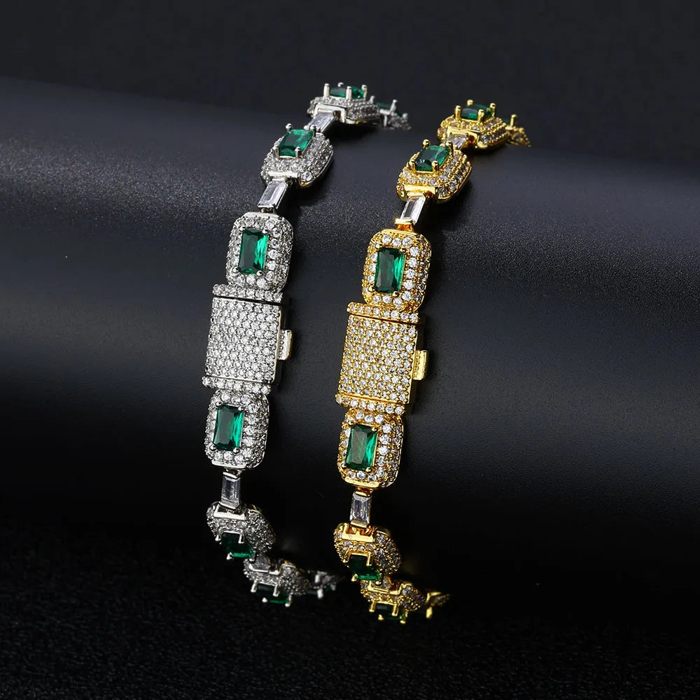 Gold Baguette Bracelet Iced Out Emerald Cushion