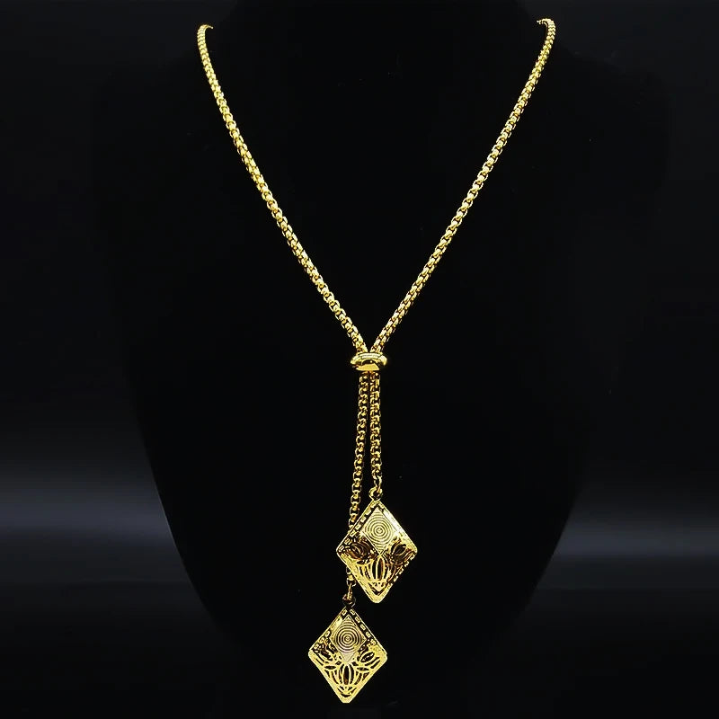 Geometric Gold Long Chain Necklace — Stainless Steel
