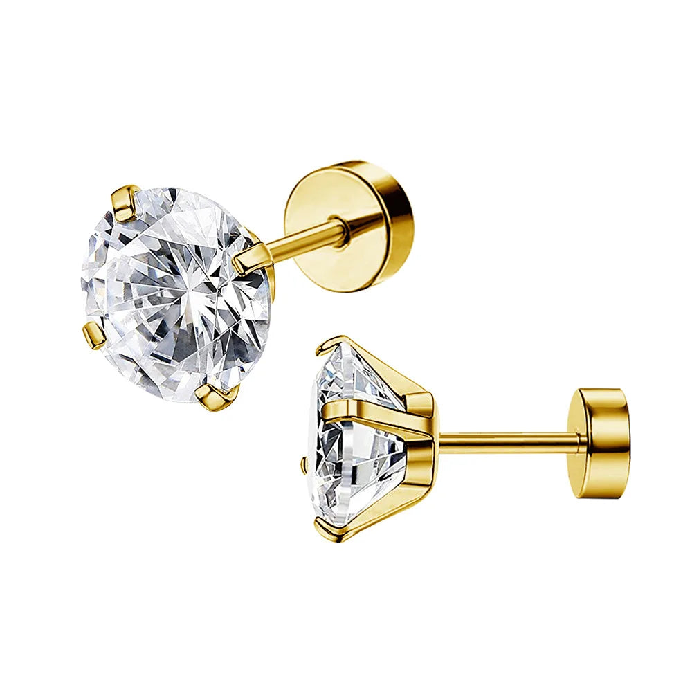 1 Pair 3-8mm Classic Round/Flat Back Screw Stud Earrings for Women/Men Stainless Steel  Shiny Zircon Crystal Piercing Jewelry