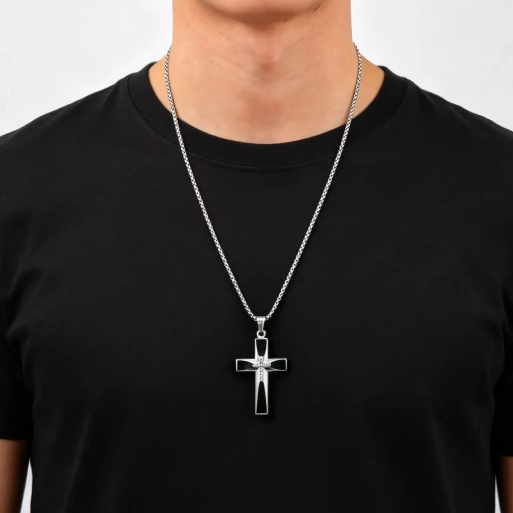 Zircon Cross Pendant Necklace for Men — Stainless Steel