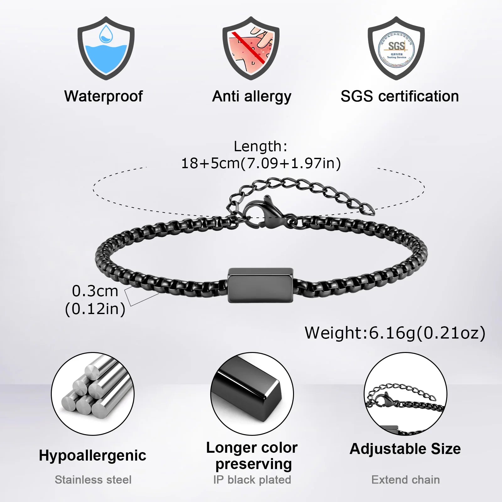 Square Tube Box Chain Bracelet — Stainless Steel