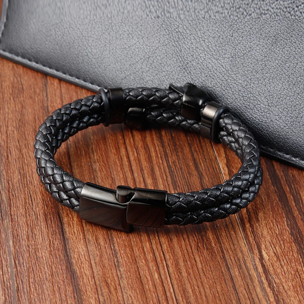 Multi-layer Bracelet Punk Stainless Steel Charm Magnetic Black Men's Leather Bracelets Skull Braided Bangles Jewelry