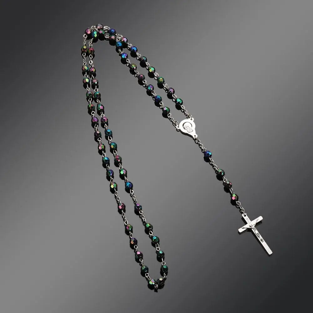 Vintage Catholic Rosary Necklace — Glass Bead Crucifix Cross