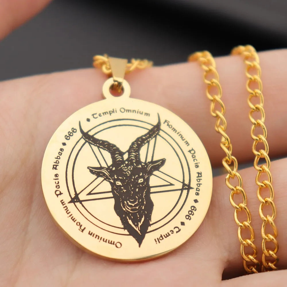 Satan Goat Head Round Stainless Steel Pendant Necklace Vintage Personality Men Pendant Neck Chian Jewelry Fashion Accessories