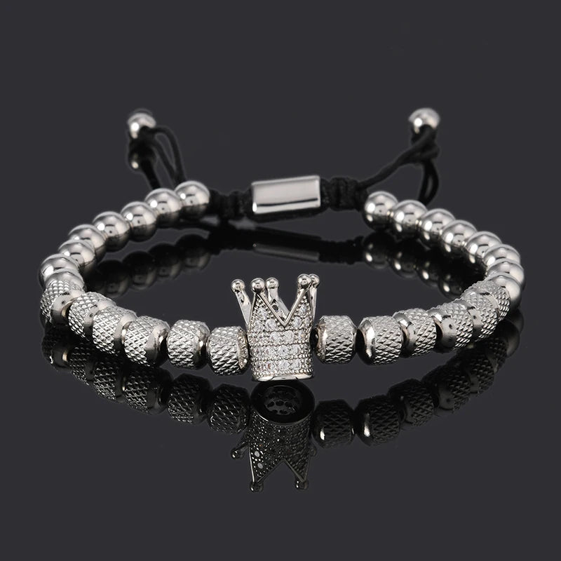 Luxury Stainless Steel Beads Royal Gold Crown Charm Man Bracelet Handmade Women Jewelry Gift