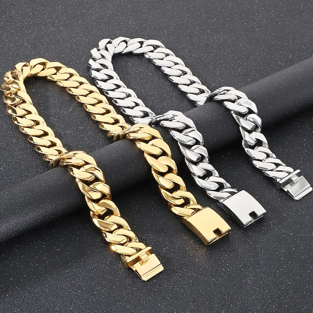 Men's 60CM Long 24MM Width Brushed Solid Stainless Steel Curb Cuban Link Chain Necklace for Men Male On Neck Jewelry
