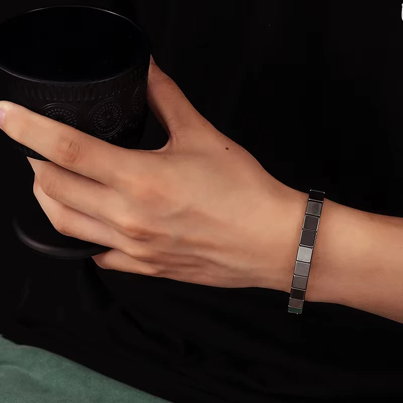 FTCY Hematitelack Black Gallstones Elastic Square Bead Bracelet For Men Hemios Hematite Bangles Restore Confidence Nhance Mental