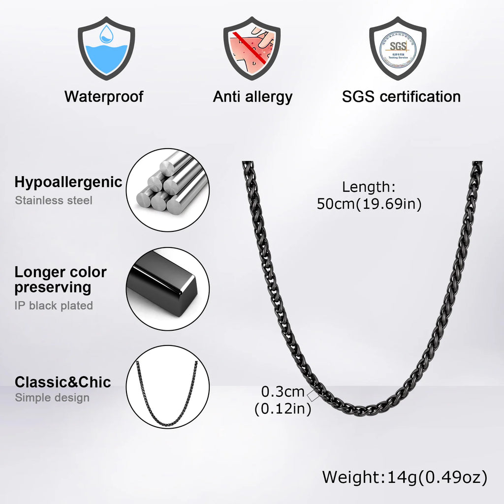 Stainless Steel Wheat Chain Necklace for Men Boys,3mm Silver Gold Black Color Chain Link Collars,Rock Punk Jewelry Gift