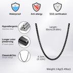 Stainless Steel Wheat Chain Necklace for Men Boys,3mm Silver Gold Black Color Chain Link Collars,Rock Punk Jewelry Gift