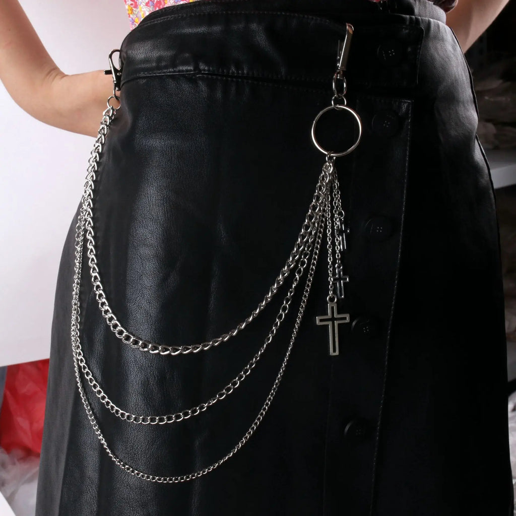 Punk Metal Cross Rivet Layered Chain Keychains for Men Women Waist Key Chain Wallet Jeans Hip-hop Pants Belt Jewelry