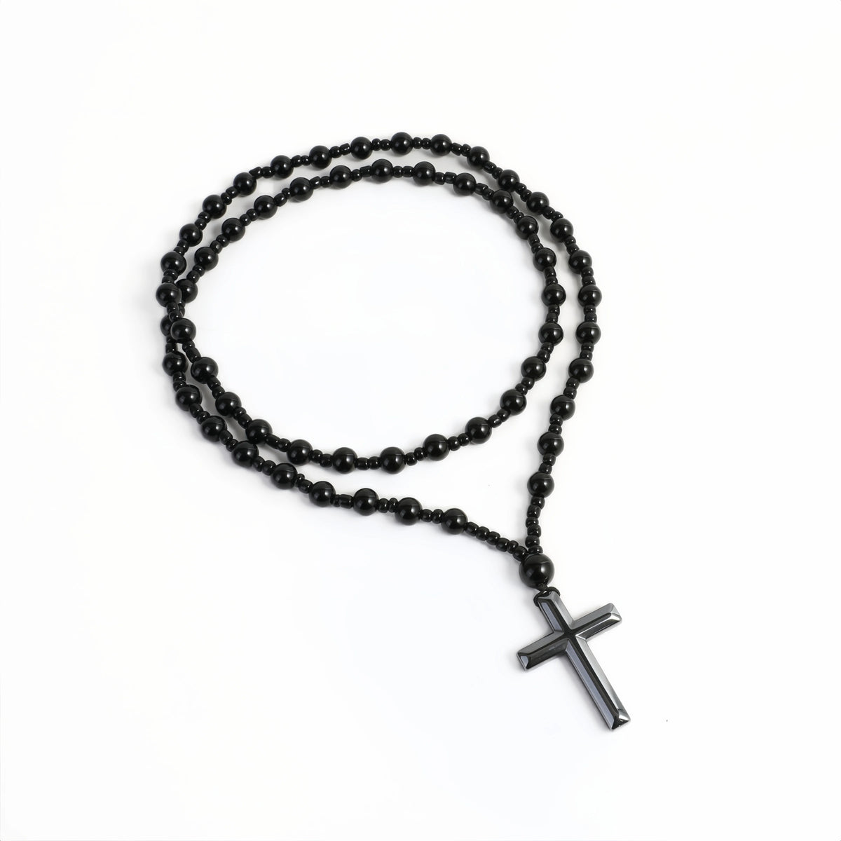 Black Hematite Bead Cross Pendant Necklace — Black-Tone