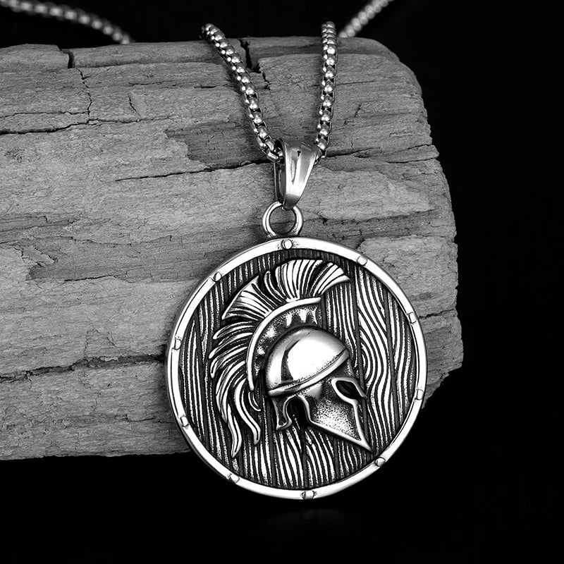 Spartan Shield Helmet Pendant Necklace — Retro, Stainless Steel
