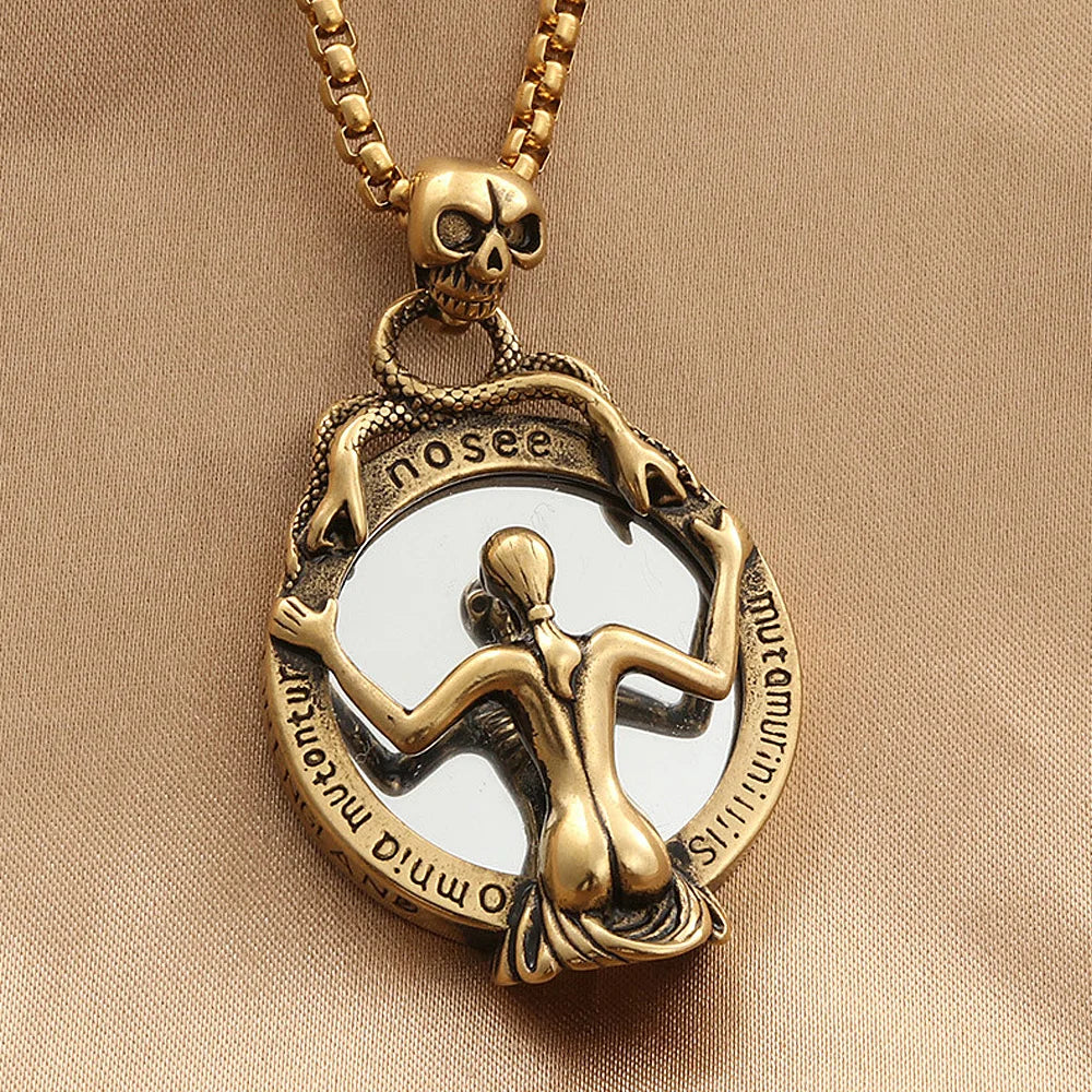 Vintage Stainless Steel Magic Mirror Skull Necklace Pendant Men Women Fashion Silver Color/Gold Biker Snake Necklace