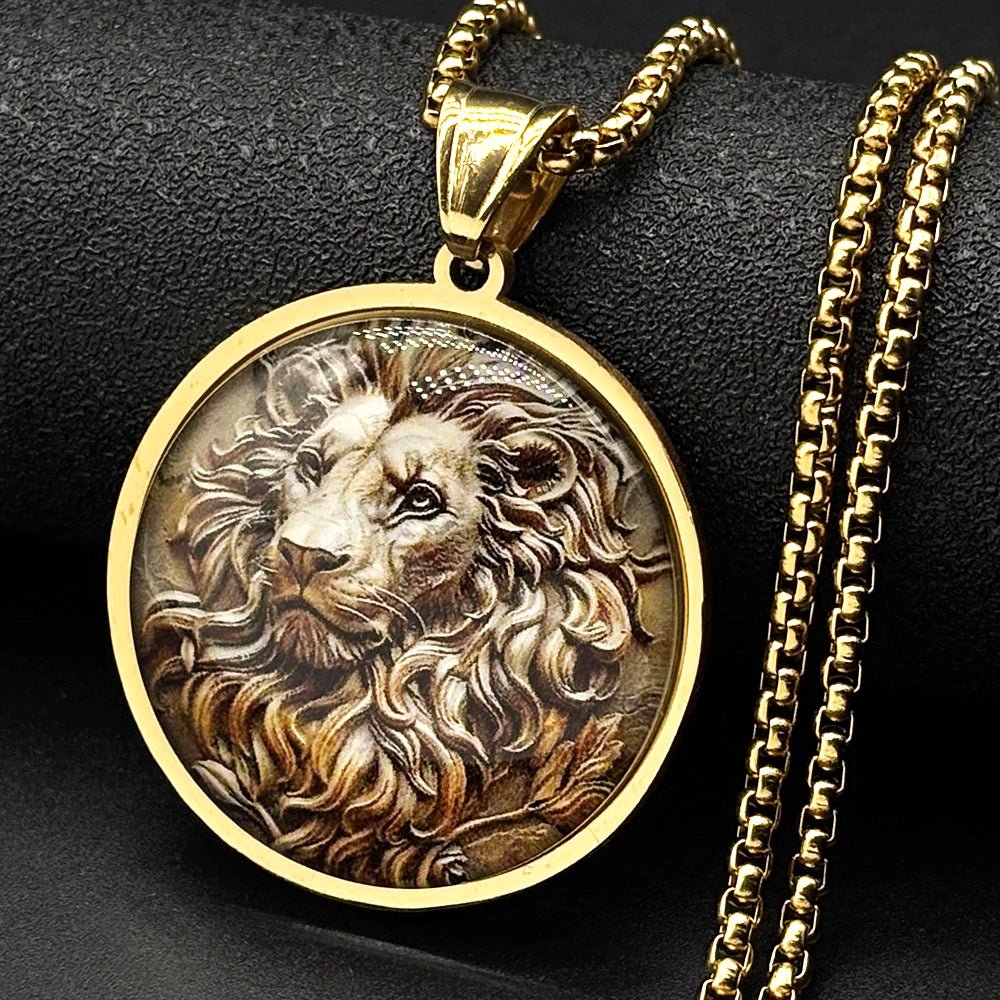 Lion King Glass Round Medallion Pendant — Gold