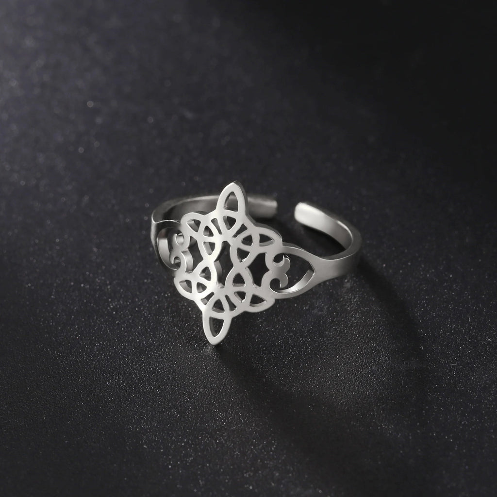 LIKGREAT Hollow Trinity Witch Knot Adjustable Ring for Women Men Stainless Steel Celtics Knot Amulet Couple Jewelry BirthdayGift