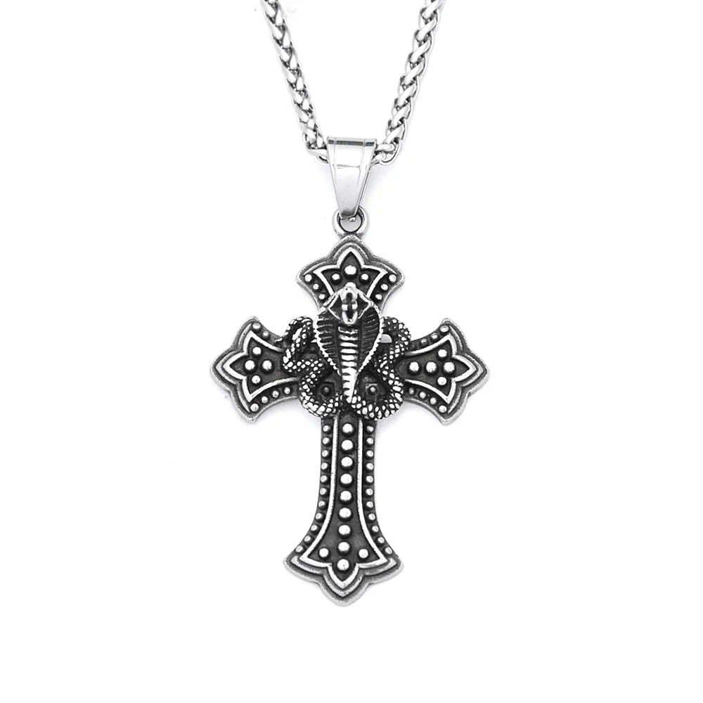 Vintage Stainless Steel Snake Necklaces For Men Women Gothic Hip Hop Cross Pendant Fashion Personality Biker Jewelry
