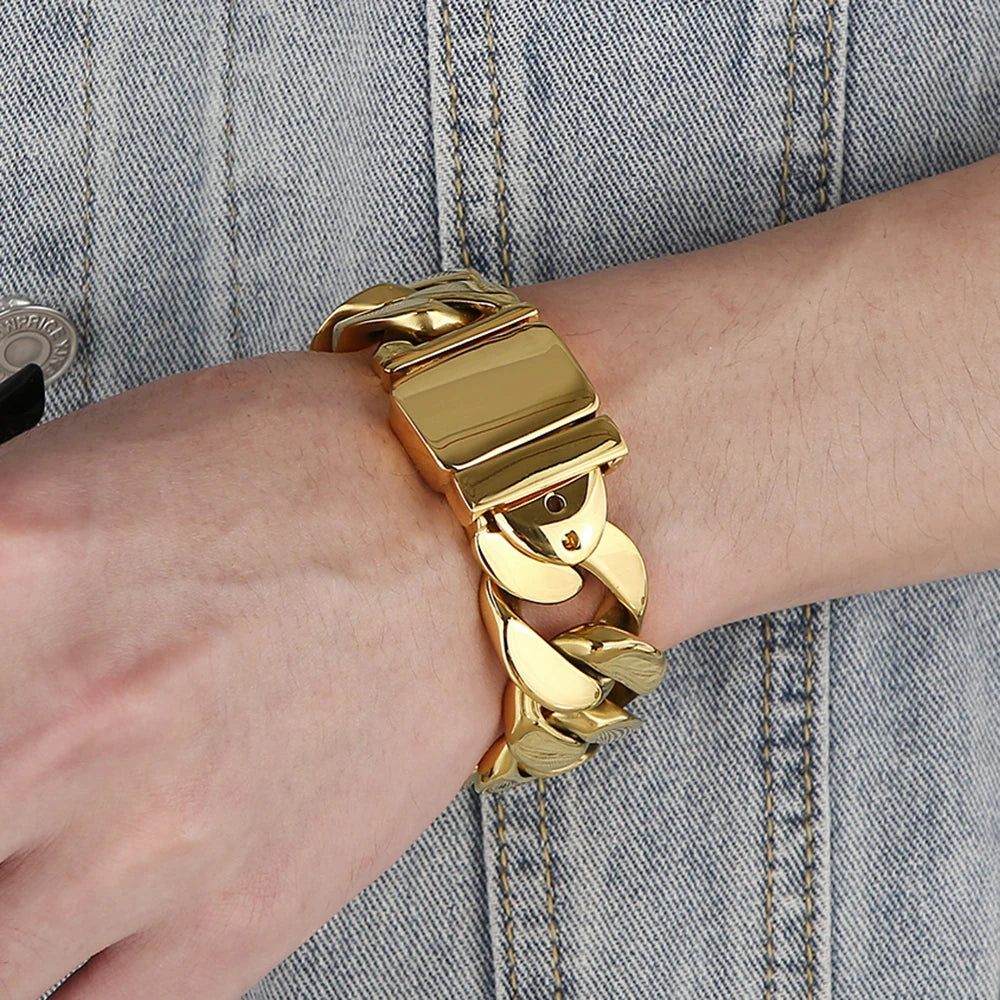 Men Bracelet for Man In Brushed Stainless Steel Luxury Gold Color 25MM Curb Link Chain Men's Bracelets On Hand Bands