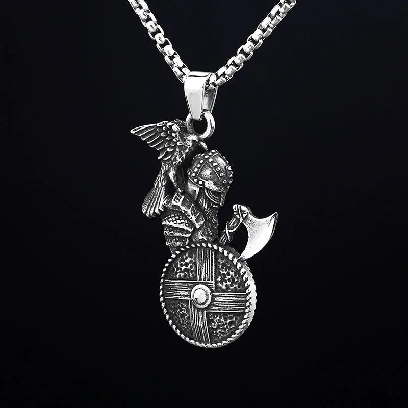Good Detail 2024 NEW 316L Stainless Steel Viking Warrir Crow Symbol Crow Axe Pendant Necklace For Man Hiphop Jewelry For Man