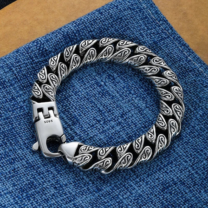 OUYADI S925 Sterling Silver Men's Cuban Link Bracelet Vintage Eternal Vines Engraved Retro Masculine Wrist Jewelry Gift