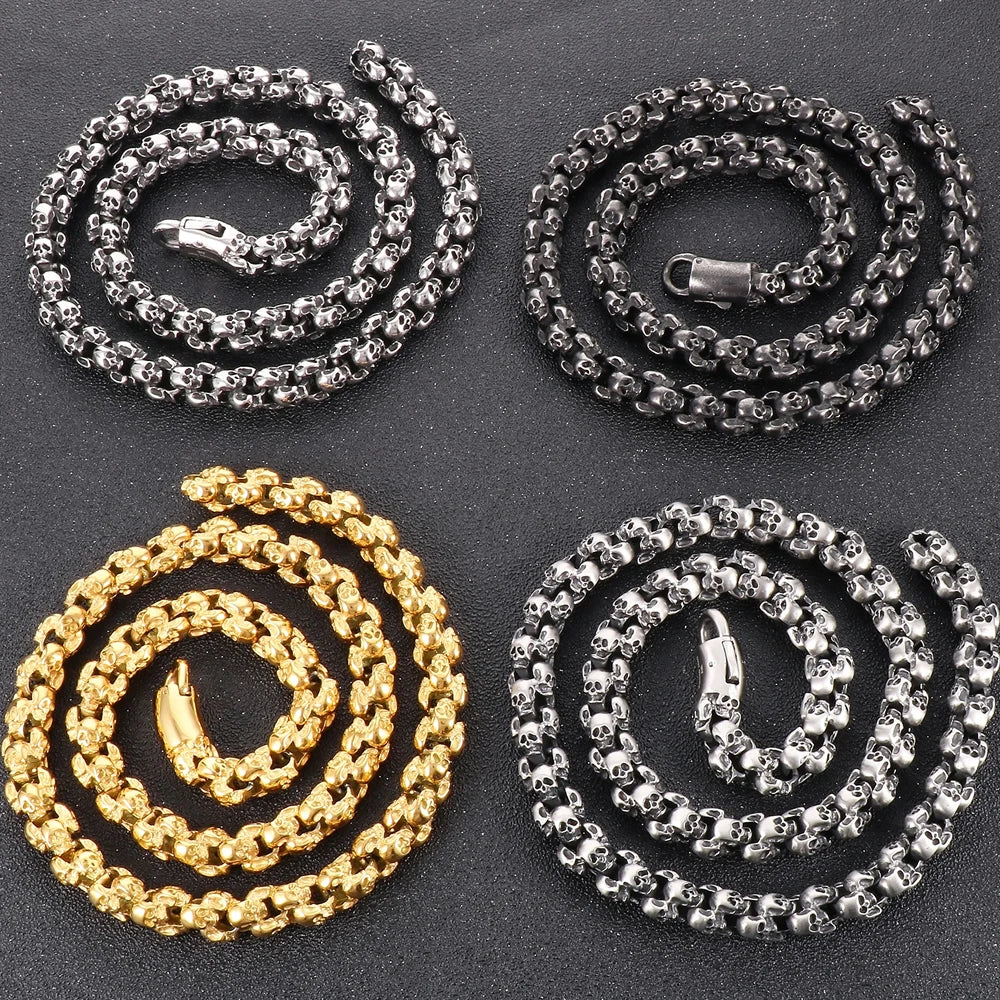 12MM Width Men's Stainless Steel Skull Head Link Chain Necklace Punk Rock On Neck Skeleton Jewelry Gothic Style