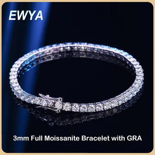 EWYA 925 Sterling Silver Moissanite Bracelet 0.1ct 3mm D VVS1 Diamond with GRA for Women Sparkling Wedding Party Fine