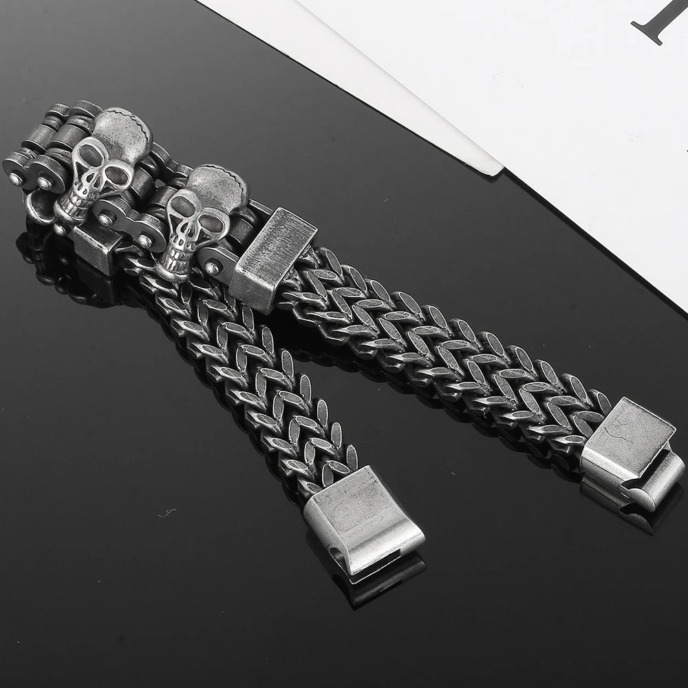 Gothic Three Skulls & Bike Link Chain Men Bracelet for Man Vintage Solid Black 316L Stainless Steel Skeleton Jewelry