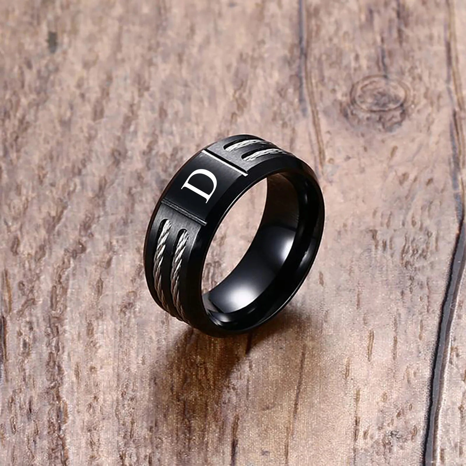 Black Letter Initial Ring — Stainless Steel