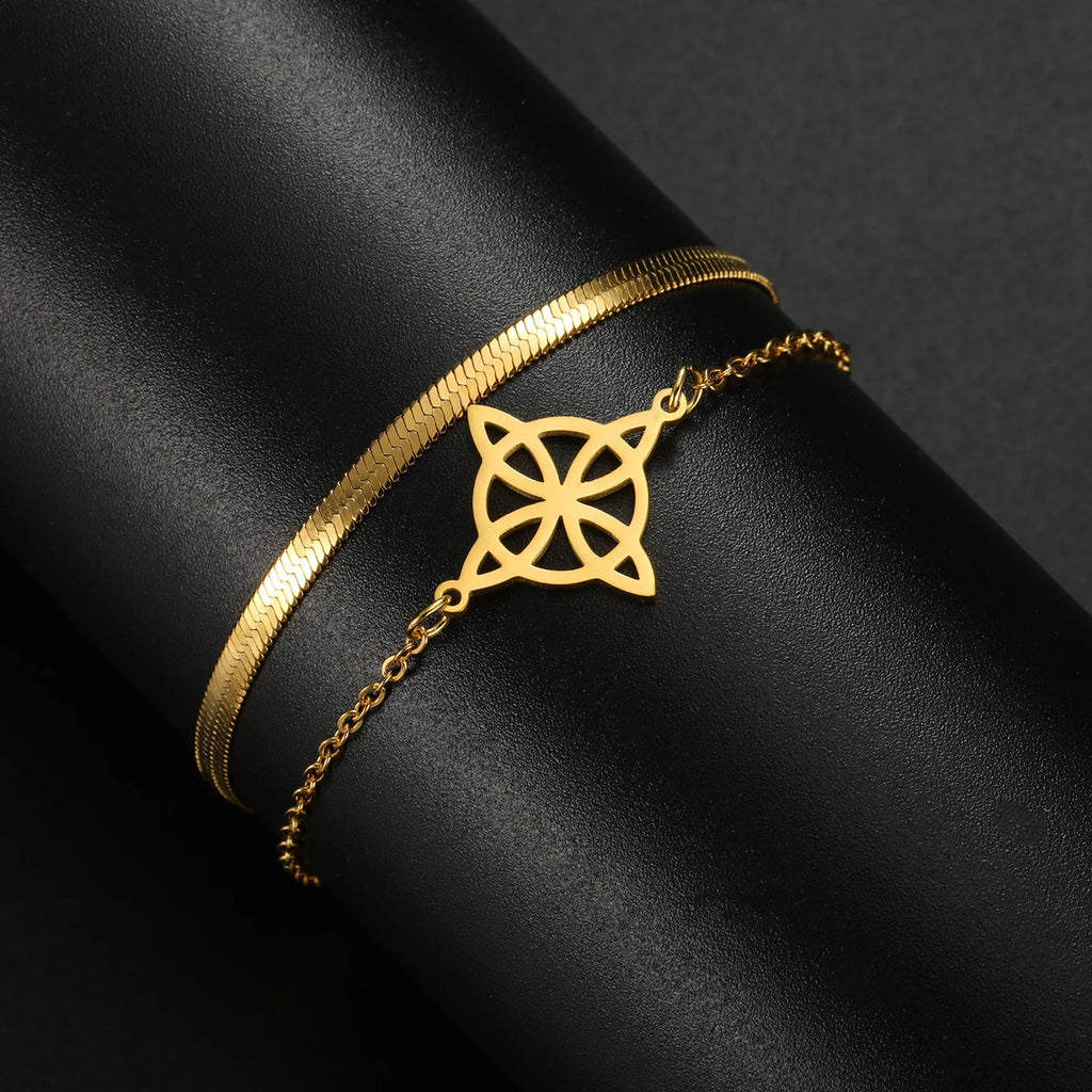 Lemegeton Charm Witch Celtic Knot Double Layer Bracelets Women Wicca Amulet Adjustable Chains Bracelet Stainless Steel