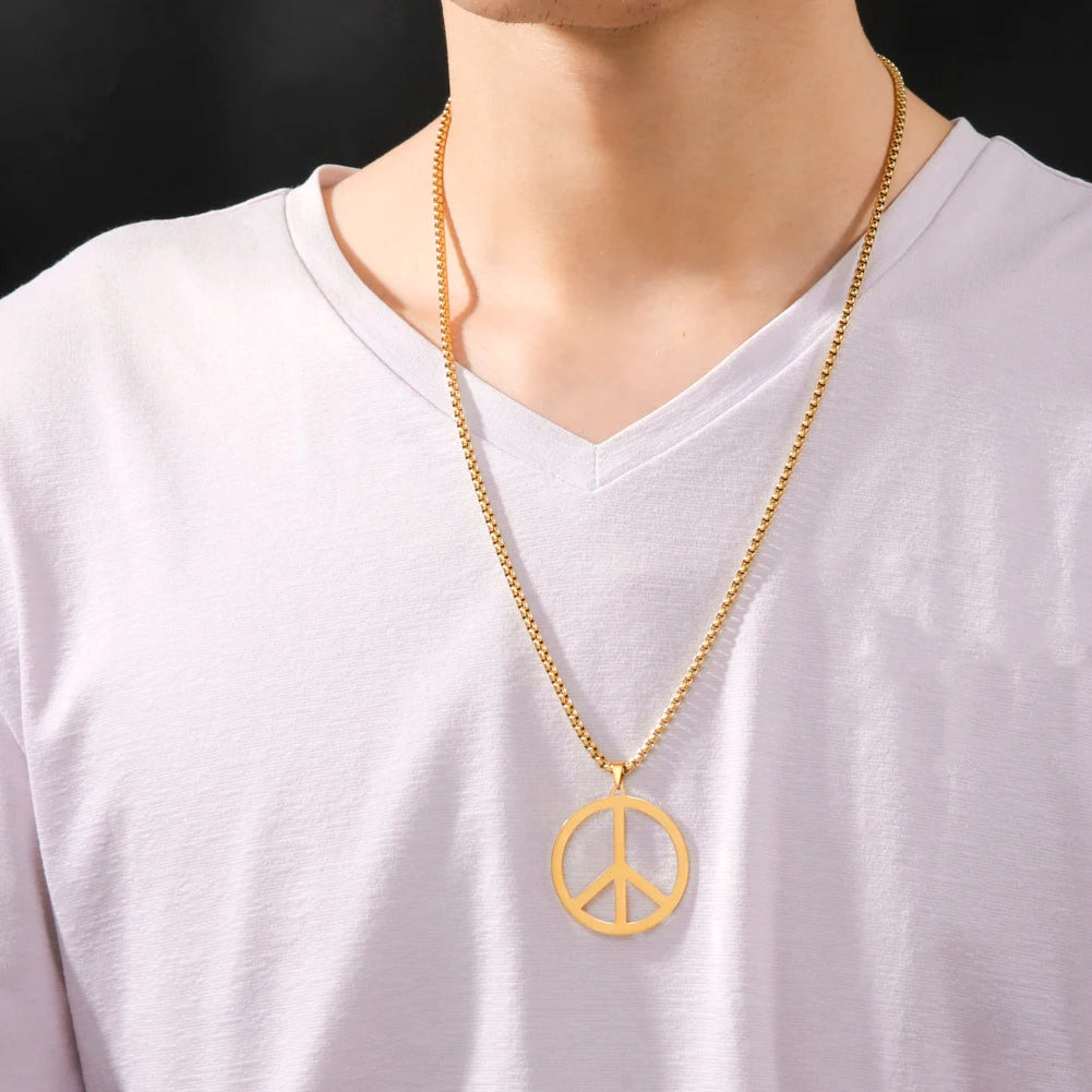 VASSAGO Hippie Style Peace Sign Necklace Peace Symbol Jewelry Stainless Steel 1960s Party Accessory Necklace for Men