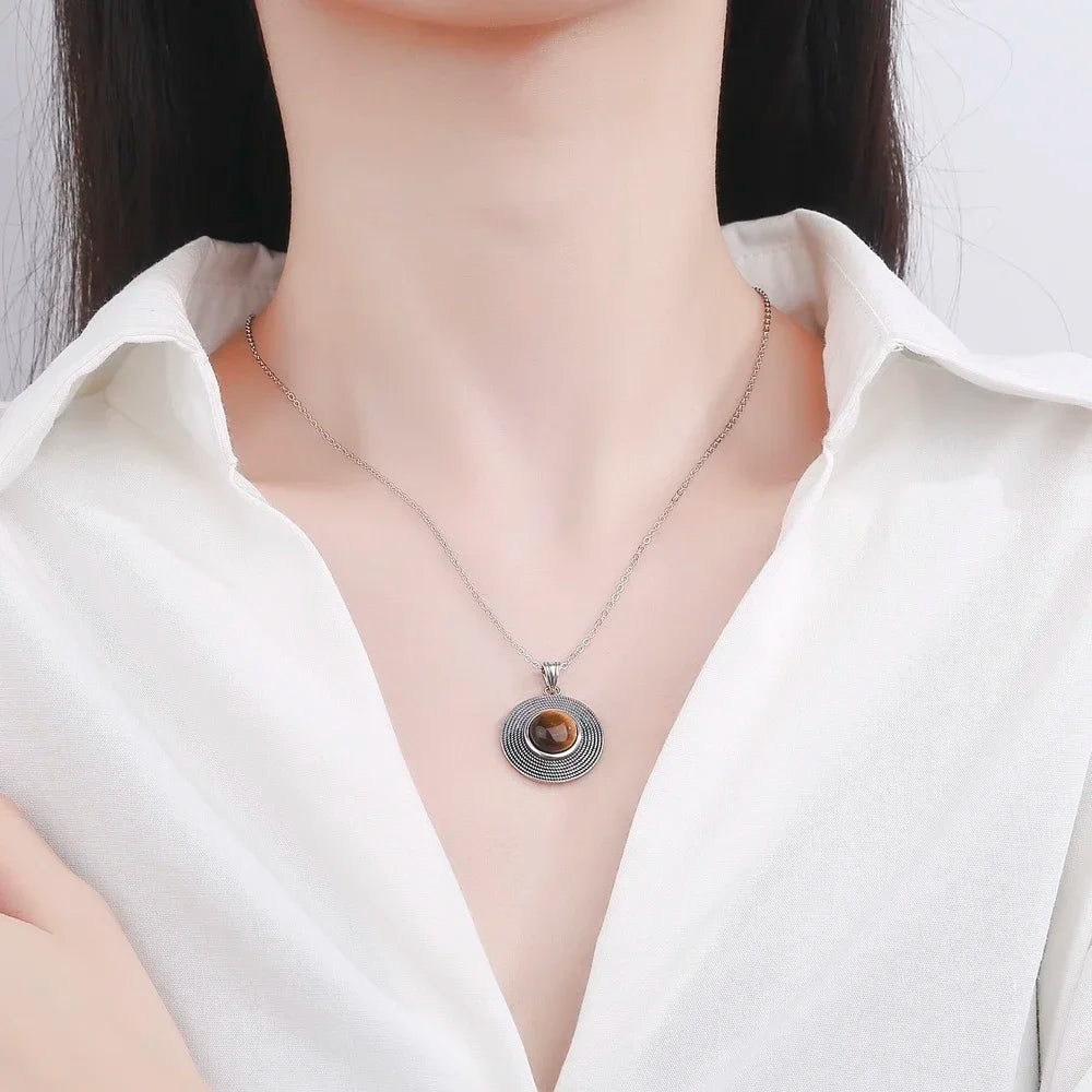 10MM Stone Round Pendant Necklace Silver High Quality Natural Tiger Eye Rhodochrosite Wedding Gift Luxury Jewelry