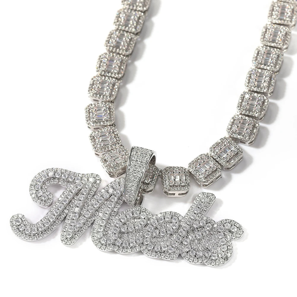Uwin Custom Cursive Letter With Baguette Chain Iced Out Name Necklace Chain Cubic Zirconia Fashion Hiphop Jewelry