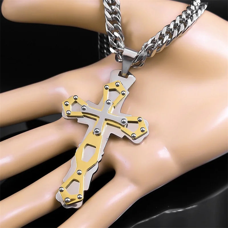 Cross Jesus Crucifix Two-Tone Pendant Layered
