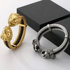 Gothic Elastic Double Lion Face Head Open Cuff Bangle Bracelet For Man Stainless Steel & Leather 12MM Twist Chain Mens