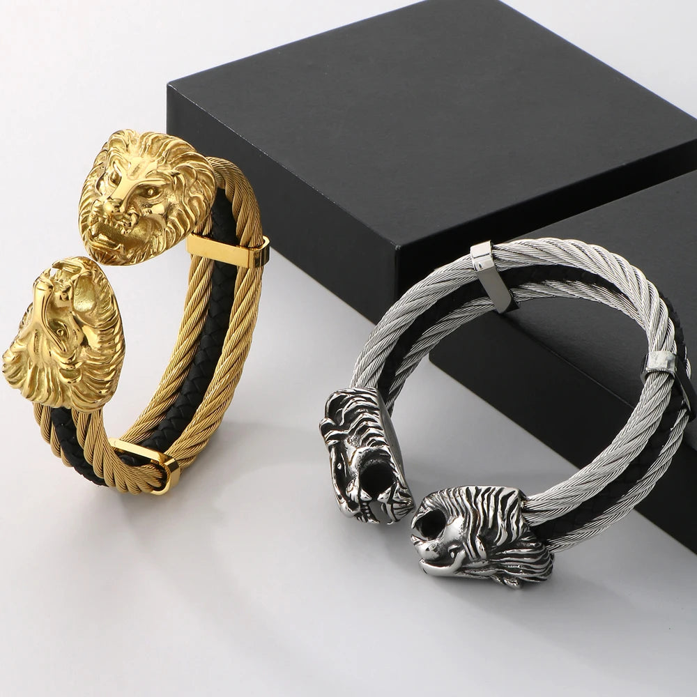 Gothic Elastic Double Lion Face Head Open Cuff Bangle Bracelet For Man Stainless Steel & Leather 12MM Twist Chain Mens