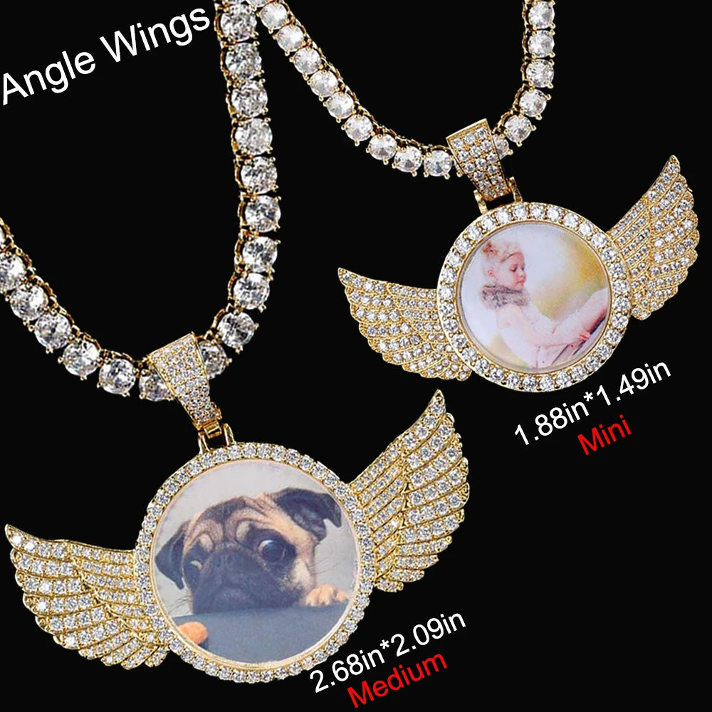 Angel Wing Photo Pendant Necklace Iced Out CZ