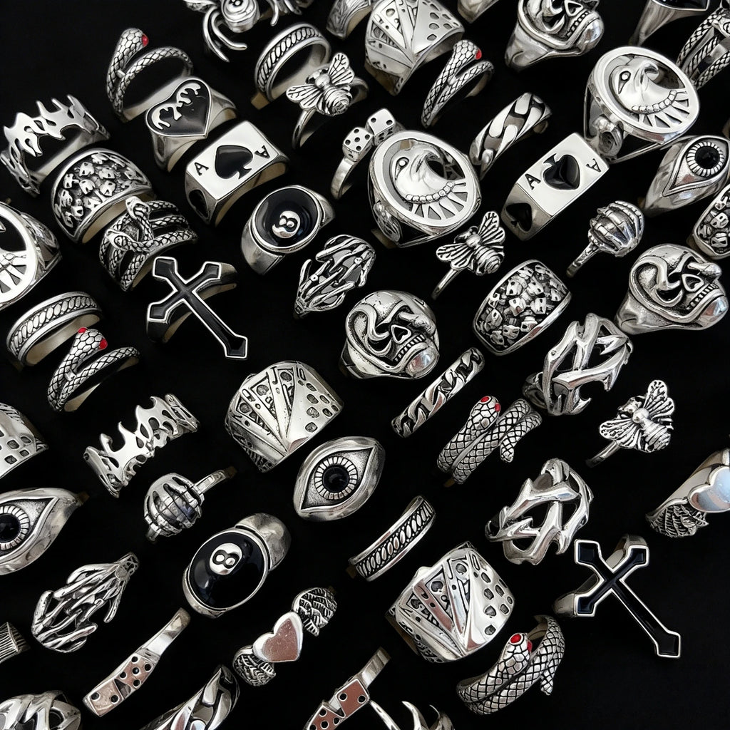 12/24/48/100Pieces Vintage Punk Rings Set For Women Men Mix Style Hip Hop Heart Snake Skull Eye Finger Ring Jewelry