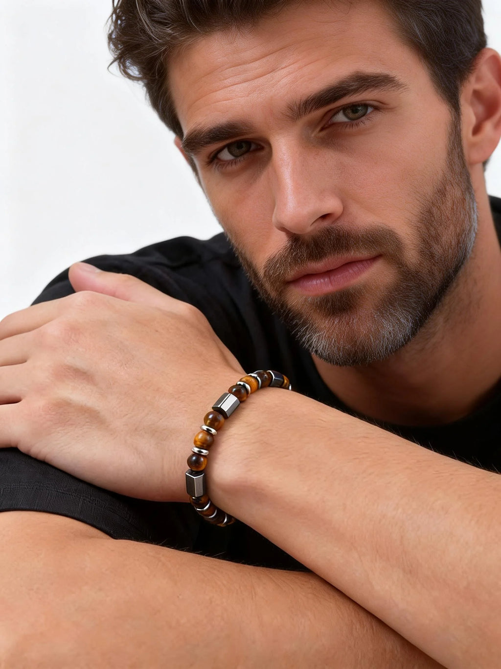 Hip Hop Men's Bracelet,Stainless Steel Adjustable Tiger Eye Stone Metal Beaded Bracelet,Party Birthday Gift for Him