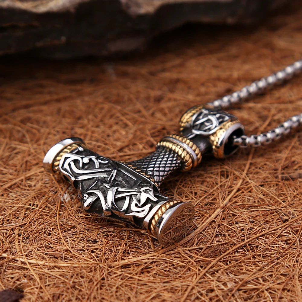 Norse Vikings Stainless Steel Thor's Hammer Mjolnir Scandinavian Rune Amulet Necklace Chain Vegvisir Anchor Pendant Male Jewelry