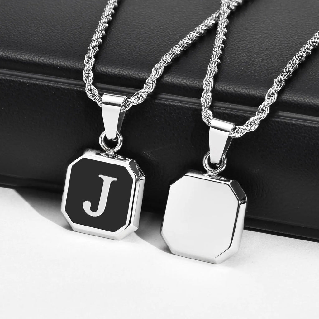 Initials Necklaces for Men Women,A-Z 26 Letters Black Square Stainless Steel Pendant Collar,45-60CM Twisted Rope Chain