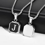 Initials Necklaces for Men Women,A-Z 26 Letters Black Square Stainless Steel Pendant Collar,45-60CM Twisted Rope Chain