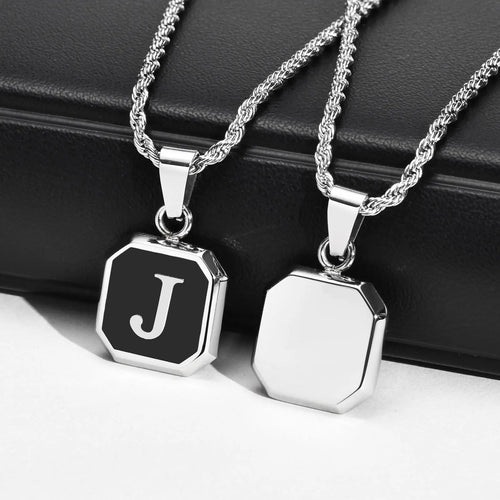 Initials Necklaces for Men Women,A-Z 26 Letters Black Square Stainless Steel Pendant Collar,45-60CM Twisted Rope Chain