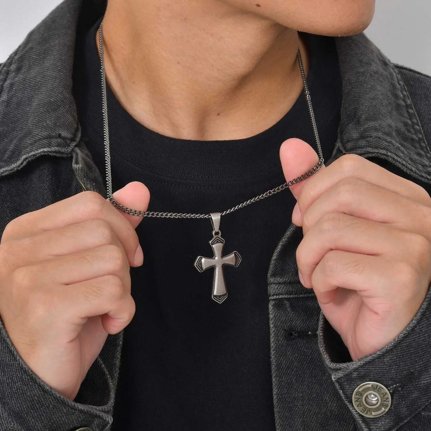 Cross Silver Cuban Chain Pendant Necklace