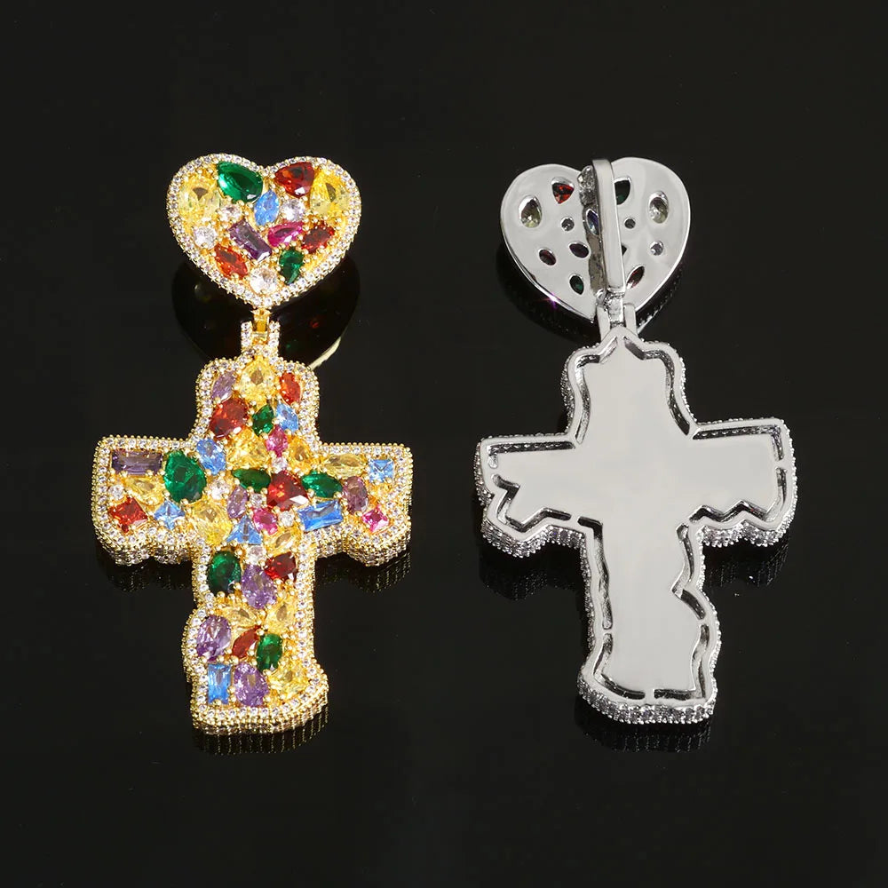 Cross Pendant Necklace Iced Out Multi-Color CZ