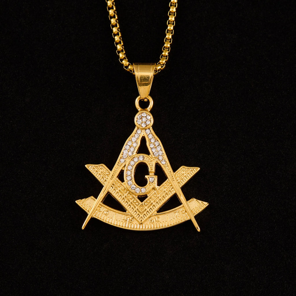 Drop shipping Hip Hop Iced Out Masonic with rhinestone Pendant Necklace Chain Gold Color Stainless Steel Freemason